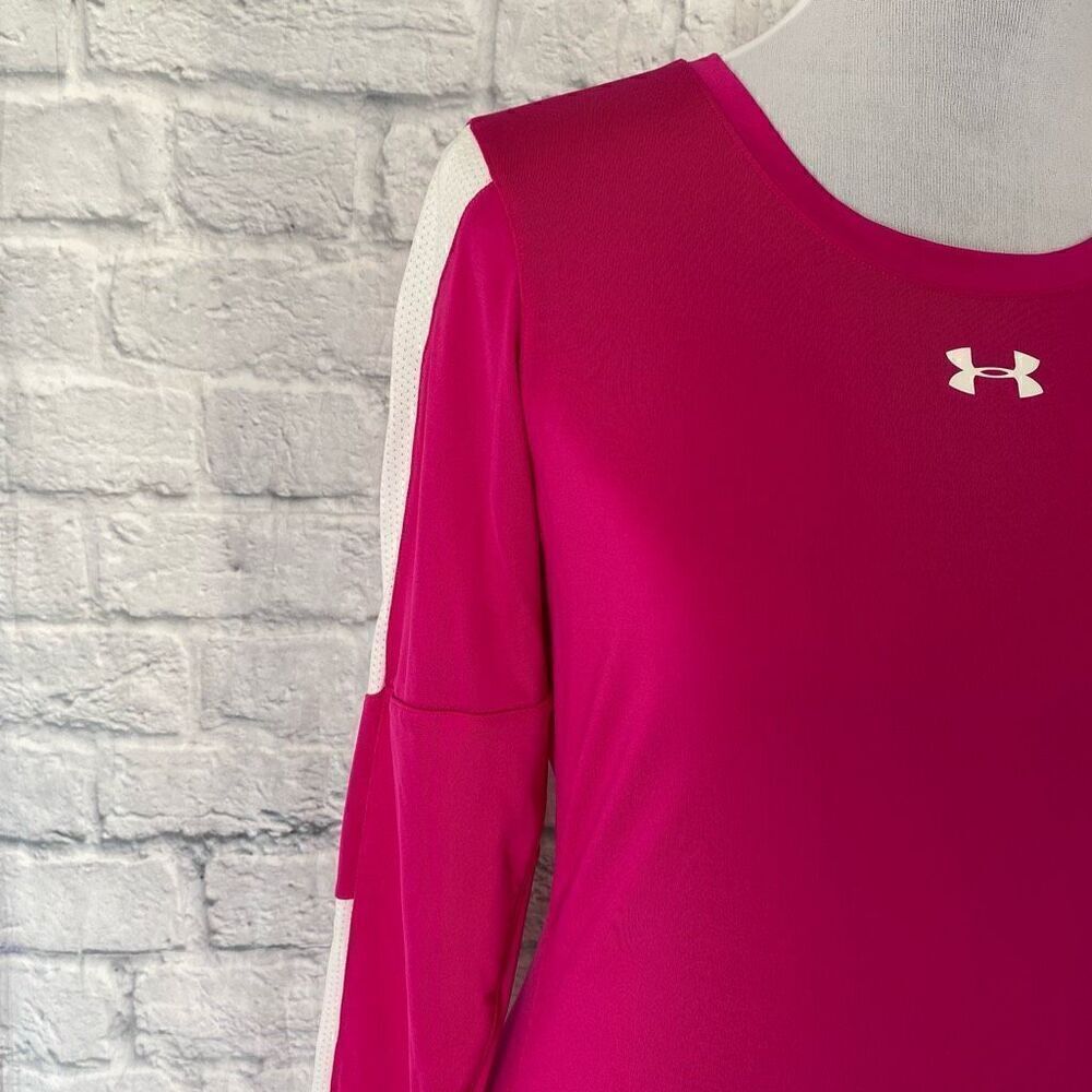 Under armour women XS fitted heat gear Longsleeve scoopneck top pink/white - Picture 3 of 10